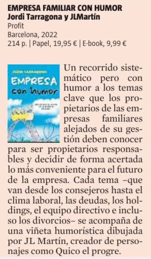 Ressenya: DINERO La Vanguardia 27/2/22 Empresa familiar con humor